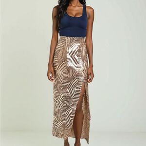 NWT Gianni‎ Bini Rose Gold Sequin Front Slit Maxi Skirt - XS